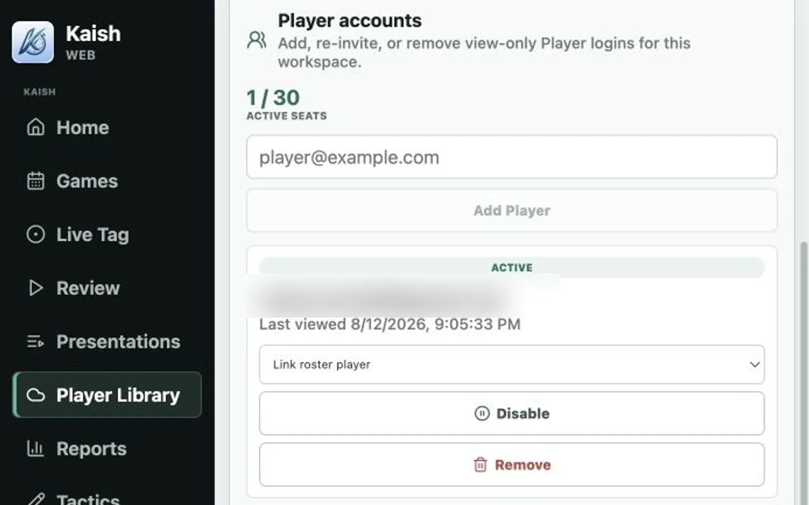 Kaish Web Player accounts controls with account details redacted