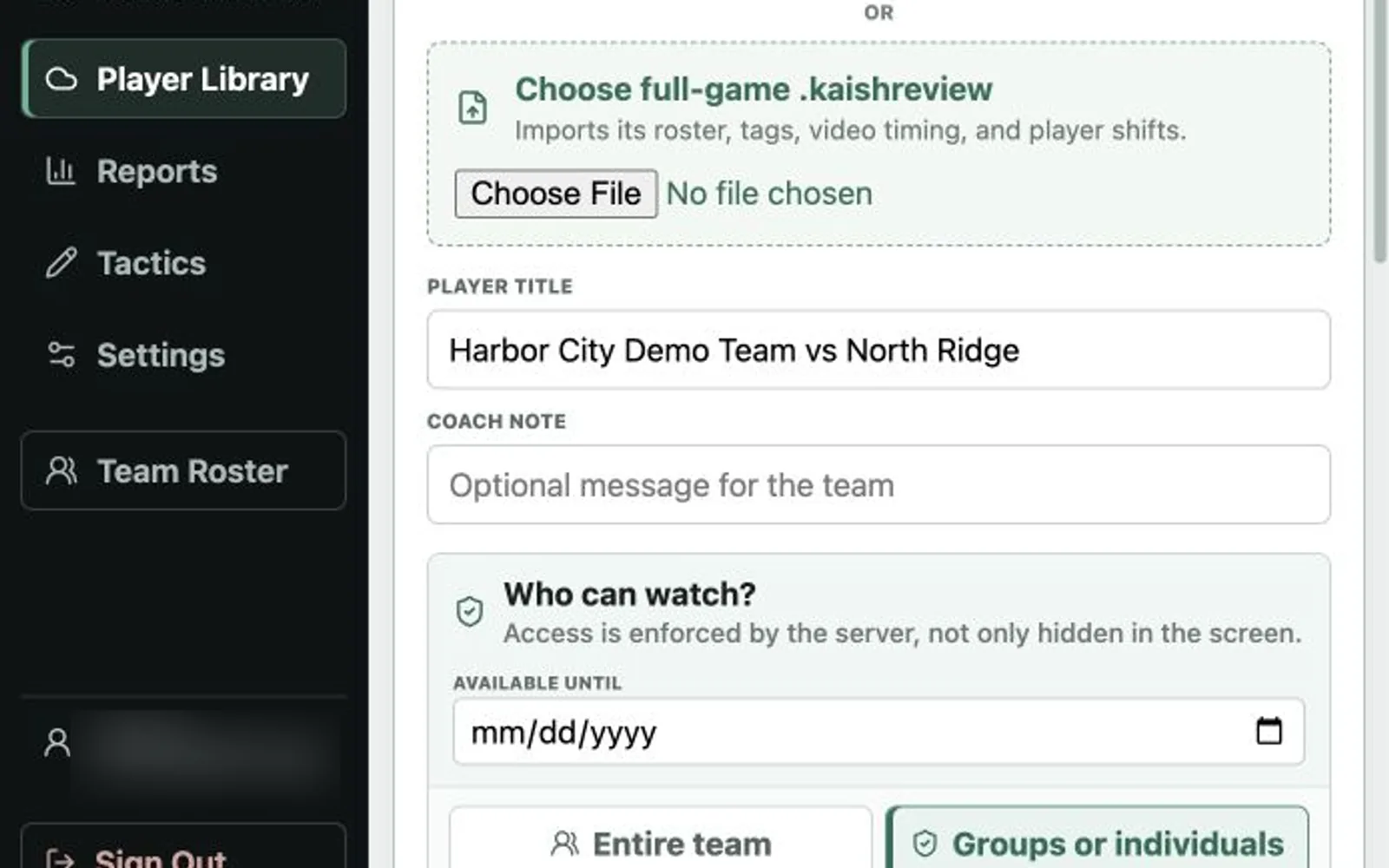 Kaish Web Player Library audience and expiration controls in a demo workspace