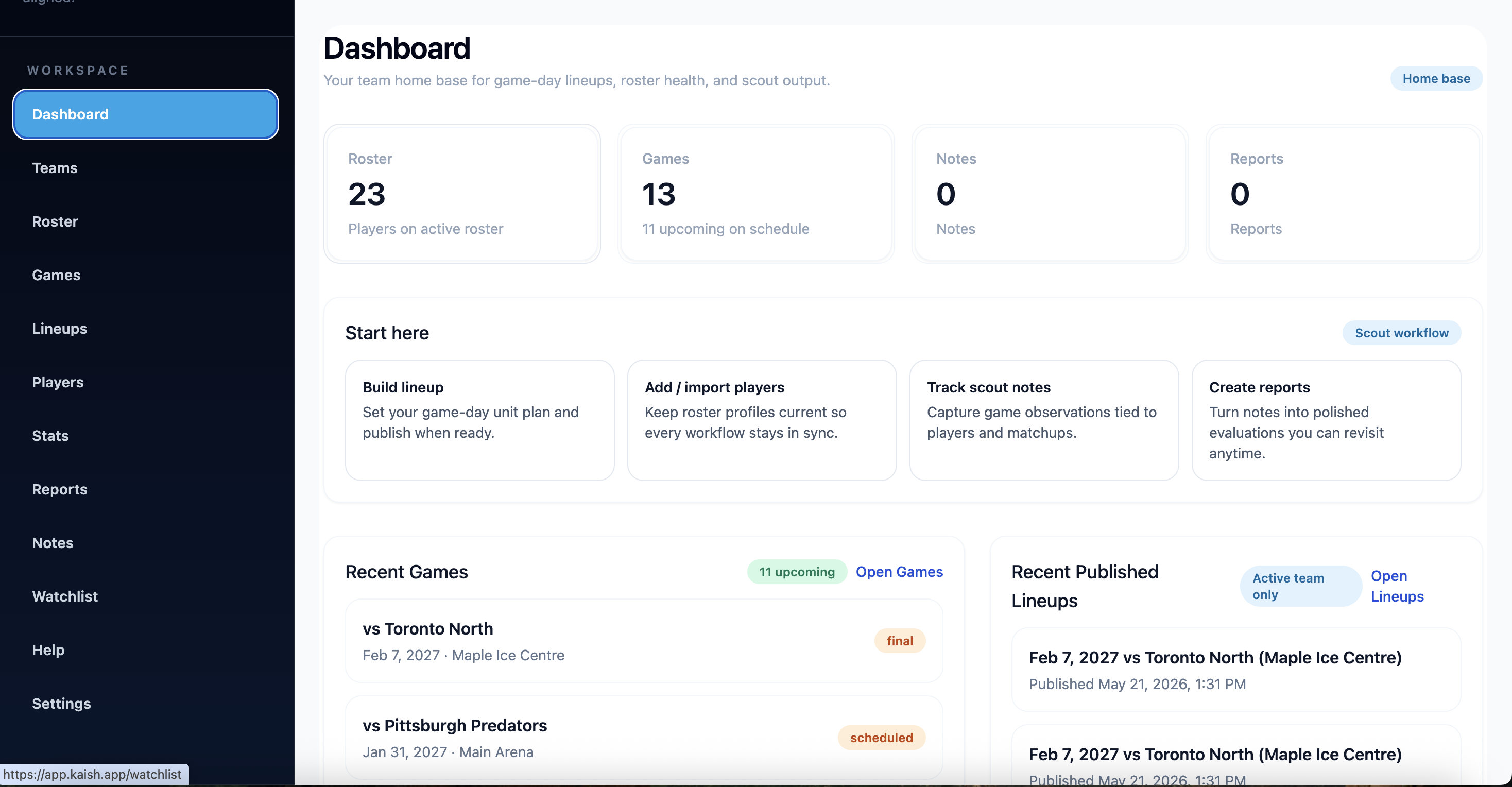 Kaish Scout dashboard showing players, notes, reports, and watchlist workflow